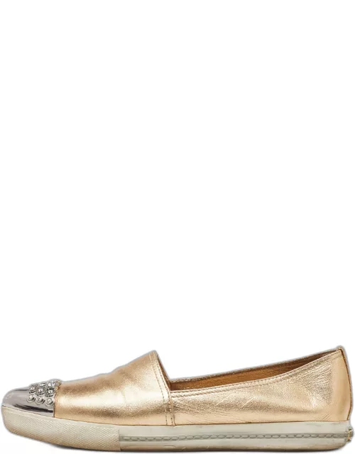 Miu Miu Gold Foil Leather Crystal Embellished Slip On Sneaker