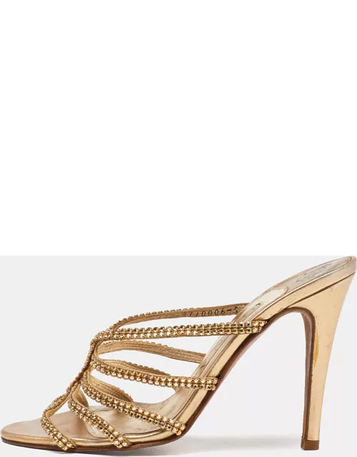Gina Gold Crystal Embellished Leather Strappy Slide Sandal