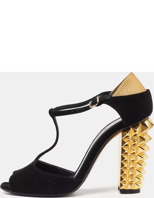 Fendi Black/Gold Suede And Embossed Leather Studded Heel T-Strap Sandal