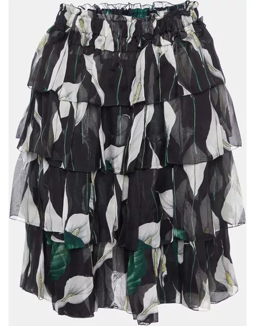 D & G Black Calla Lilly Print Silk Chiffon Tiered Skirt