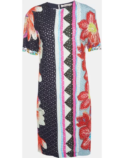 Etro Multicolor Floral Print Embroidered Crepe Shift Dress