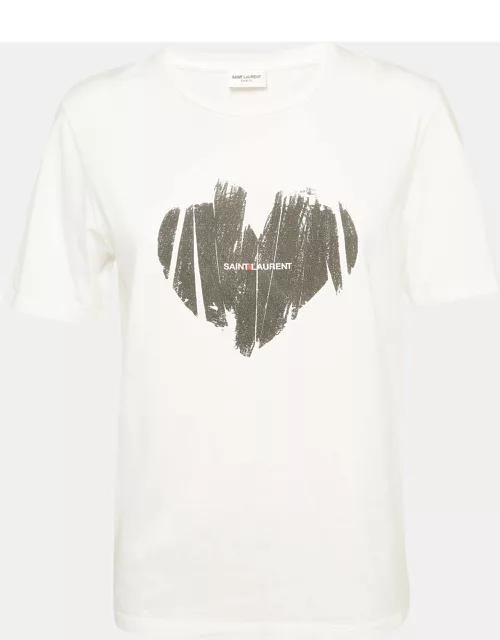 Saint Laurent White Heart Print Cotton T-Shirt