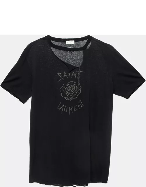Saint Laurent Black Barbed Roses Cotton Ripped T-Shirt