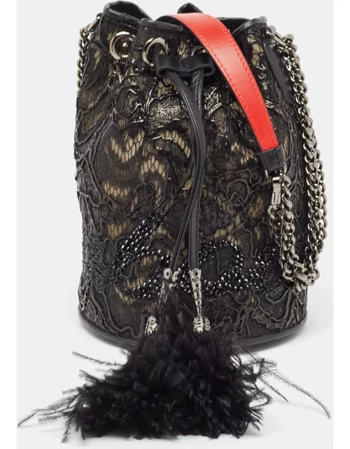 Christian Louboutin Black Lace Feather and Leather Marie Jane Bucket Bag
