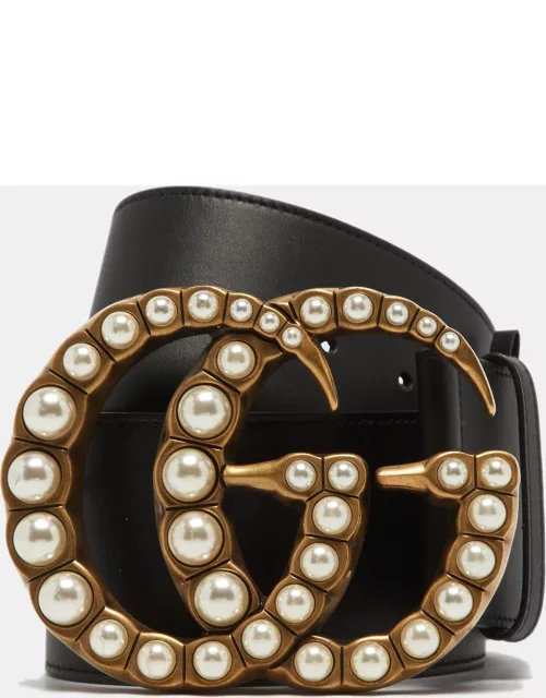 Gucci Black Leather GG Pearl Embellished Waist Wide Belt 85C