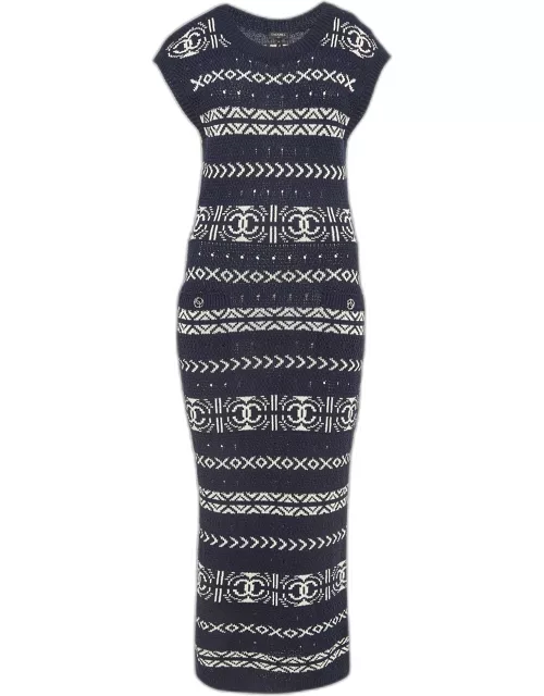 Chanel Navy Blue Logo Intarsia Knit Maxi Dress