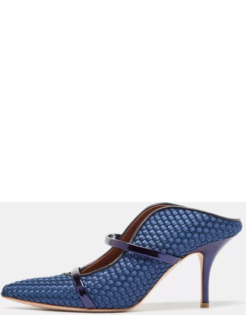 Malone Souliers Navy Blue Woven Satin and Leather Maureen Mule