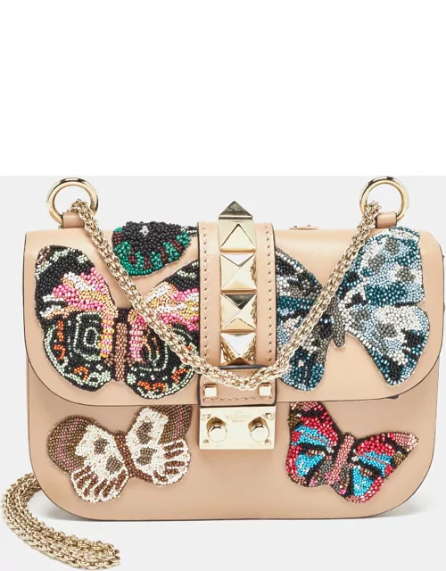 Valentino Beige Leather Small Butterfly Beads Rockstud Glam Lock Bag