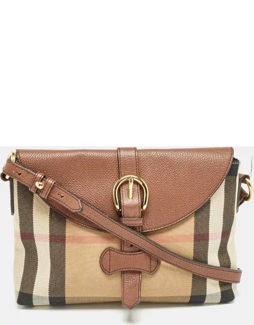 Burberry Brown/Beige Leather and House Check Canvas Horseshoe Milton Crossbody Bag