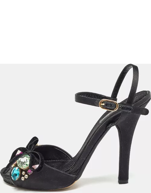 Dolce & Gabbana Black Satin Crystal Embellished Ankle Strap Sandal