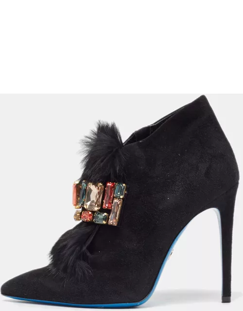 Loriblu Black Suede and Fur Crystal Embellished Ankle Bootie