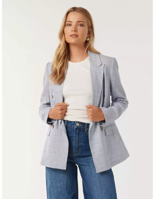 Forever New Women's Ivy Double-Breasted Blazer Jacket in Blue Check