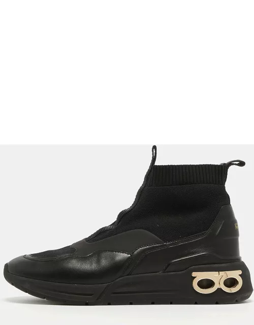 Salvatore Ferragamo Black Leather and Knit Fabric Cosma Sock Sneaker