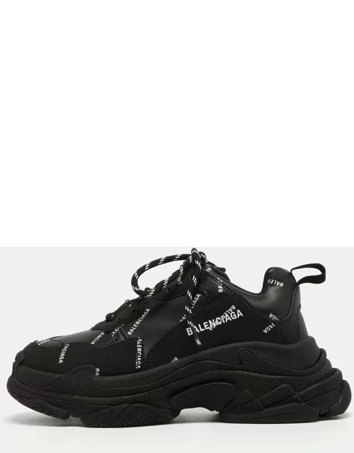 Balenciaga Black Faux Leather Triple S All Over Logo Sneaker