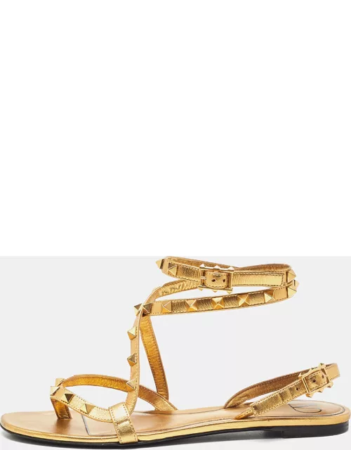 Valentino Gold Leather Rockstud Ankle Strap Flat Sandal