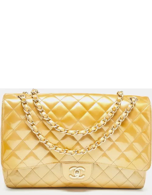 Chanel Gold Quilted Patent Leather Maxi Classic Single Flap Bag