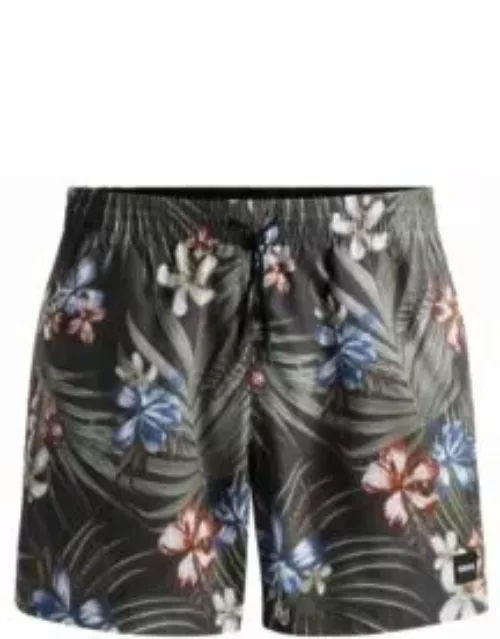 Tropical-print quick-drying swim shorts with logo badge- Khaki Men's Swim Short