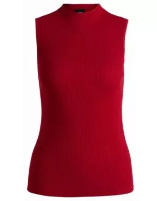 Sleeveless mock-neck top with ribbed structure- Red Women's Clothing