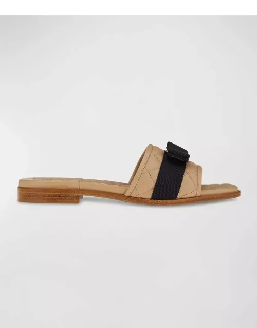 Quilted Leather Bow Flat Slide Sandal