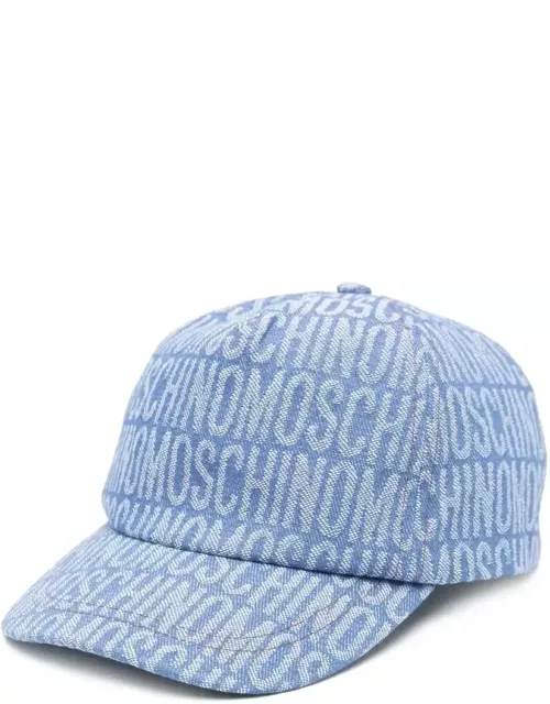 Moschino Blue Denim Baseball Hat With All-over Logo