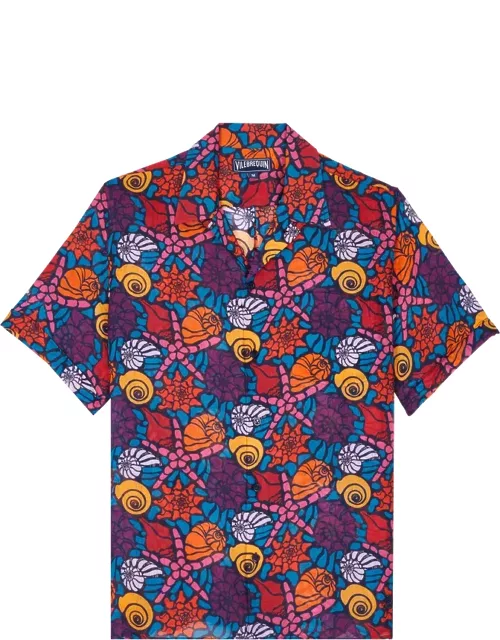 Men Bowling Linen Shirt Noumea Sea Shells - Shirt - Charli - Blue