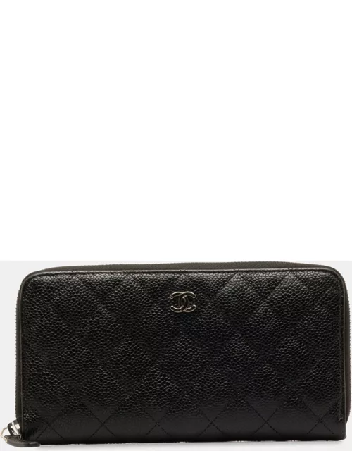 Chanel Black Leather Quilted Caviar Zip Around Wallet