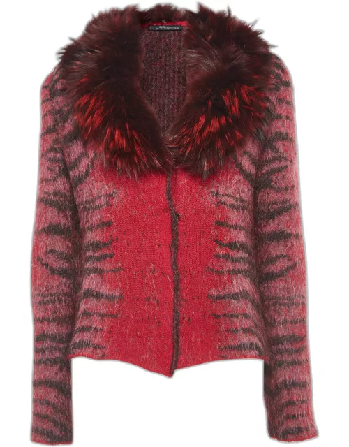 Class by Roberto Cavalli Red Animal Pattern Fur Trim Collar Jacket