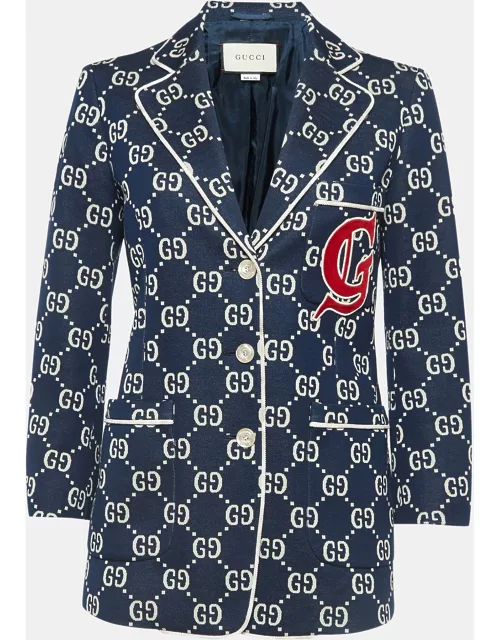 Gucci Navy Blue GG Jacquard Applique Detail Jersey Jacket