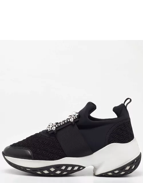 Roger Vivier Black Mesh Fabric and Leather Crystal Embellished Slip On Sneaker
