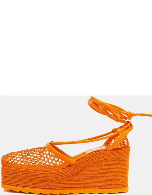 Bottega Veneta Orange Mesh and Leather Lace-Up Wedge Platform Espadrilles Ankle Tie Sandal