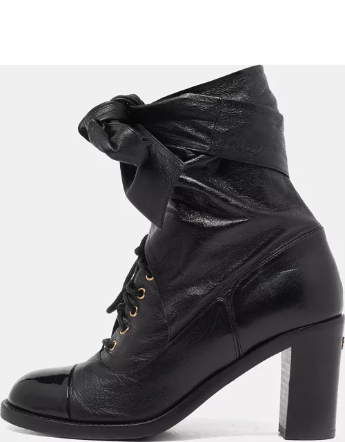 Chanel Black Leather CC Block Heel Ankle Tie Bootie