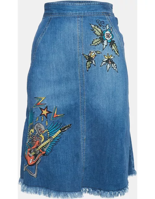 Zadig & Voltaire Blue Embroidered Denim Knee Length Skirt
