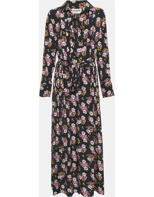 Zadig & Voltaire Deluxe Black Peonies Printed Silk Pleated Maxi Dress