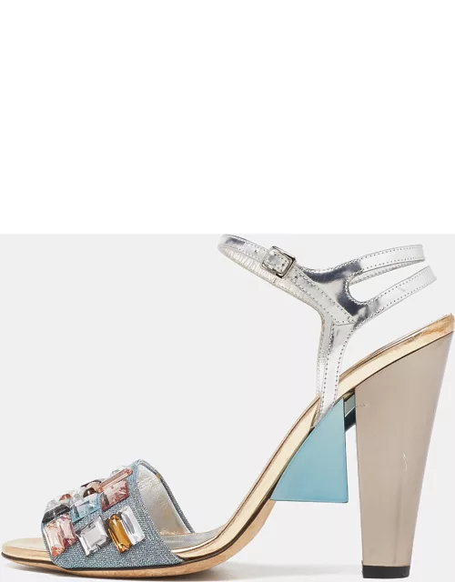 Fendi Sliver Leather and Fabric Crystals Embellished Ankle Strap Sandal