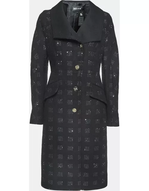 Just Cavalli Black Sequin Embroidered Canvas Mid-Length Coat