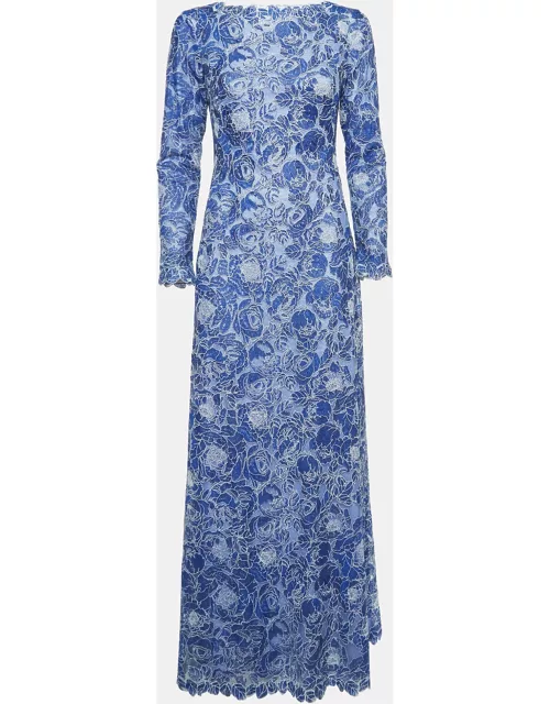 Tadashi Shoji Blue Floral Pattern Lace Long Sleeve Maxi Dress