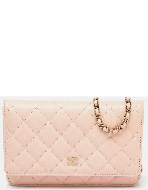 Chanel Peach Quilted Caviar Leather CC Flap Wallet on Chain