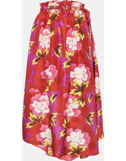 Kenzo Red Floral Print Silk Asymmetric Midi Skirt