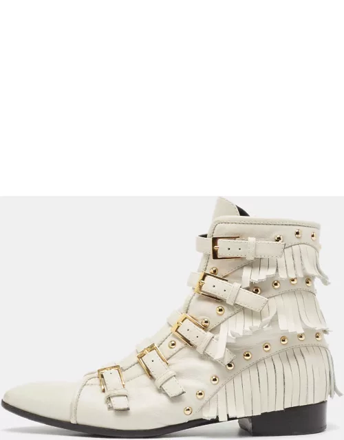 Giuseppe Zanotti Cream Leather Studded and Fringed Buckled Ankle Boot
