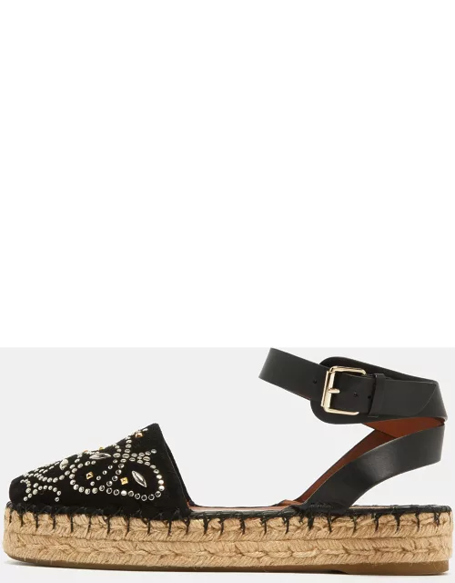 Valentino Black Embellished Suede and Leather Ankle Wrap Espadrille Sandal