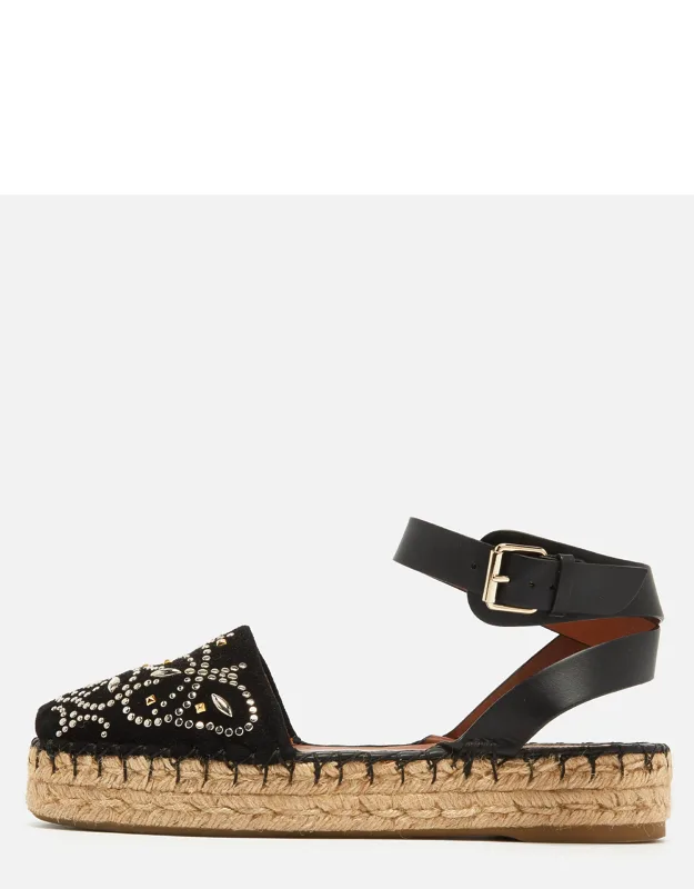 Valentino Black Embellished Suede and Leather Ankle Wrap Espadrille Sandal