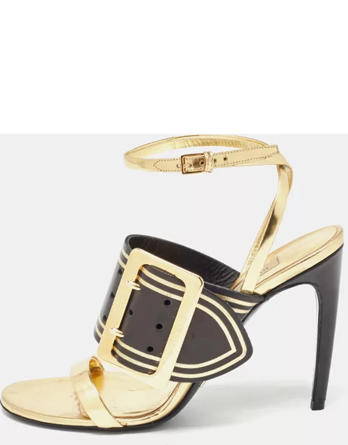Burberry Black/Gold Leather Buckle Detail Ankle Strap Sandal