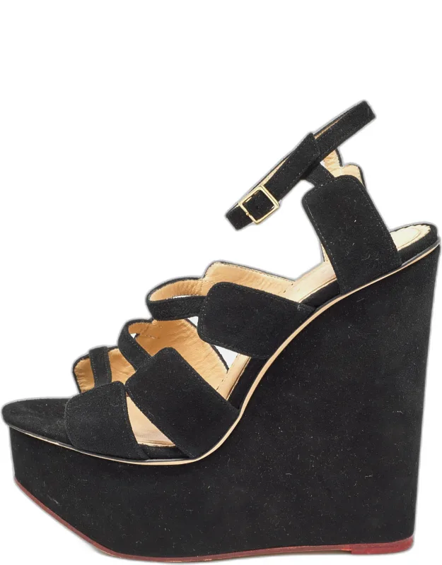 Charlotte Olympia Black Suede Platform Wedge Strappy Sandal