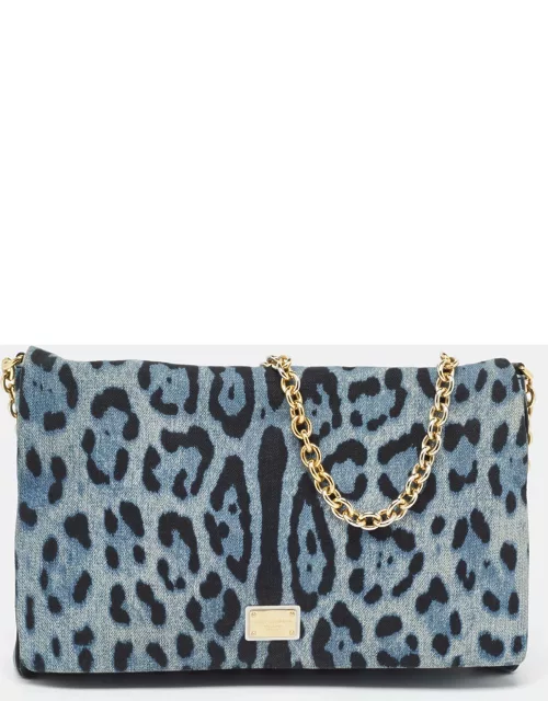 Dolce & Gabbana Blue/Black Leopard Print Denim Flap Shoulder Bag