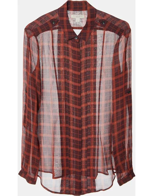 Burberry Brit Brick Red Plaid Check Silk Crepe Pleated Shirt