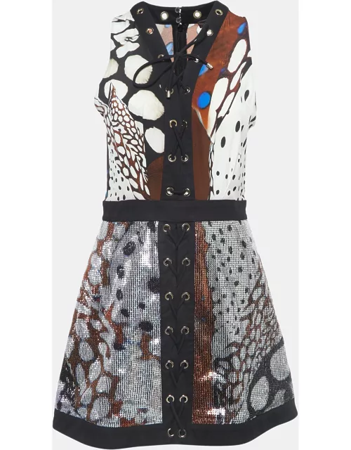 Roberto Cavalli Multicolor Printed Sequin and Cotton Lace-Up Mini Dress