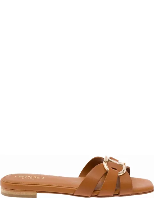 TwinSet Brown Mules With Oval T Logo In Leather Woman