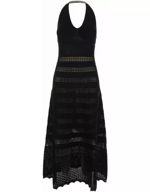 TwinSet Long Black Perforated Dress With Halterneck In Viscose Blend Woman