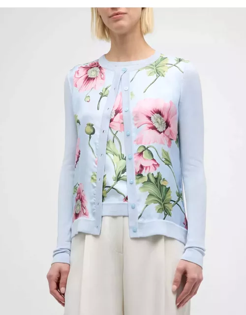 Poppies Silk Twill-Inset Long-Sleeve Knit Cardigan