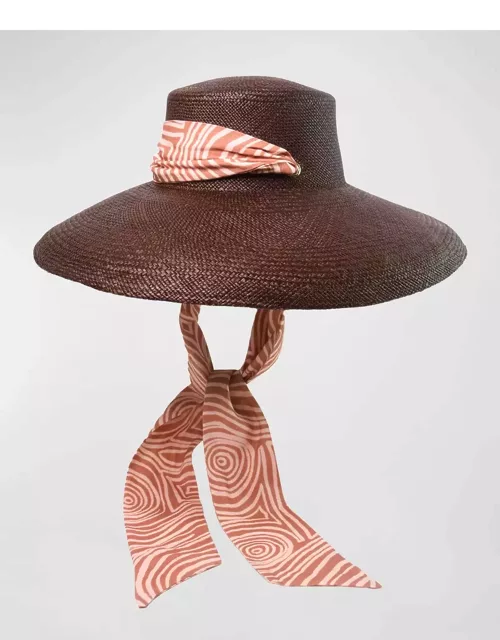 Lampshade Cordovan Straw Large Brim Hat With a Printed Band